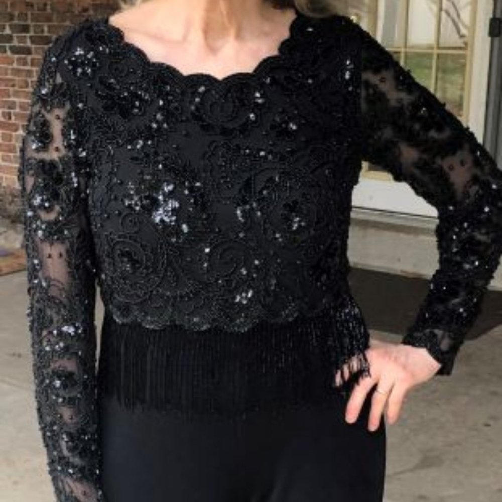 Oleg Cassini/Black Tie beaded, sequined silk top